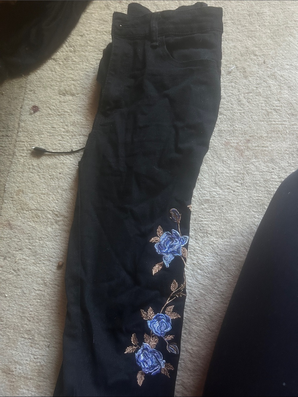 Black Pants with Blue Rose Embroidery